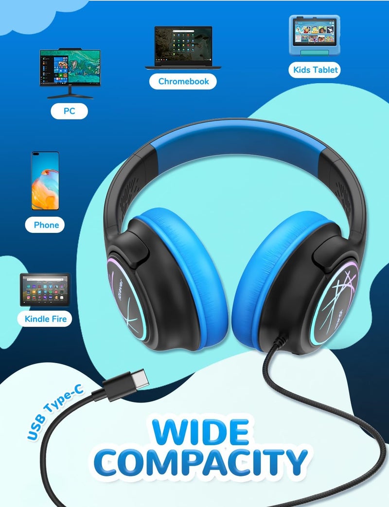 iClever Upgrade USB C Kids Headphones for School, 85dBA Safe Volume, Stereo Sound, Foldable Adjustable, Breathing Light, Over Ear Kids Headphones with Cord for Boys/Girls/iPad/Tablet/Travel - Image 5