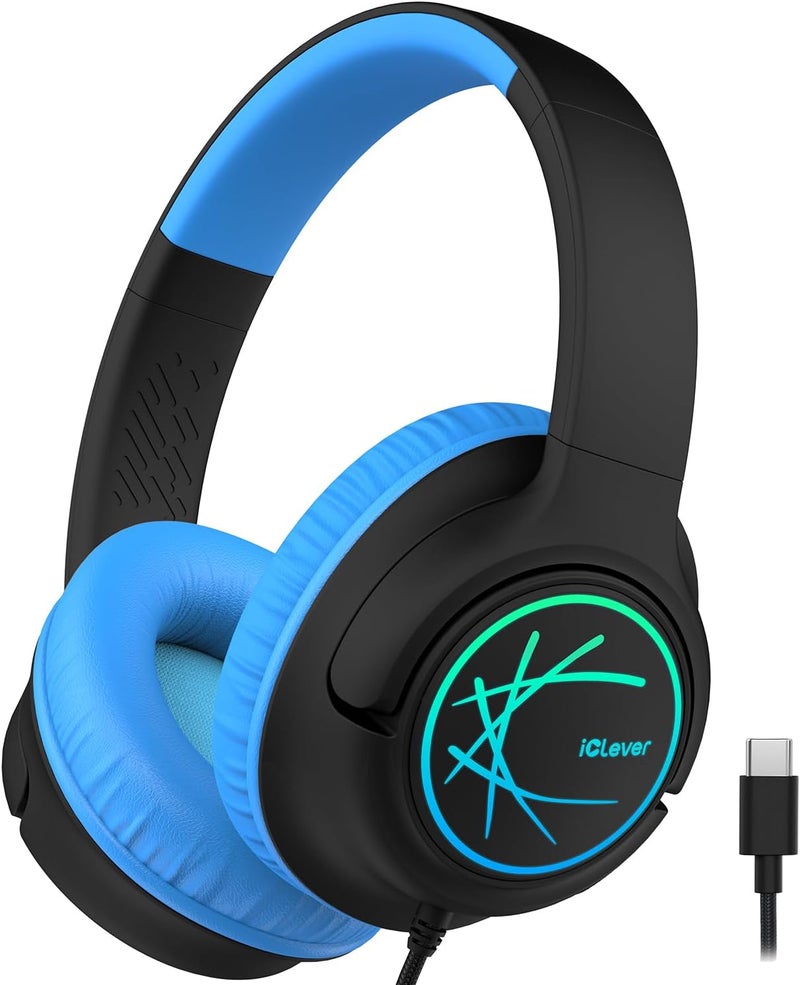 iClever Upgrade USB C Kids Headphones for School, 85dBA Safe Volume, Stereo Sound, Foldable Adjustable, Breathing Light, Over Ear Kids Headphones with Cord for Boys/Girls/iPad/Tablet/Travel - Image 1