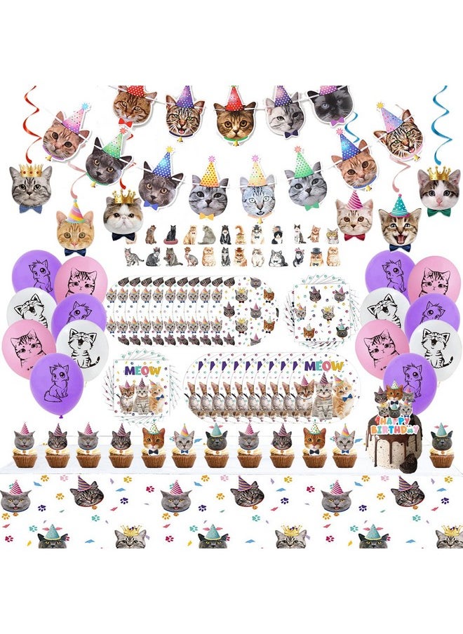 Bluegogo 137PCS Cat Birthday Party Supplies Serves 20 Guests Kitten Birthday Party Decorations Cat Party Plates Banner Napkins Balloons Tablecloth Cake Toppers for Cat Themed Birthday Party Supplies  - Image 1