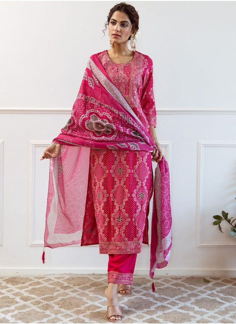 ISHIN Women's Pink Modal Muslin Printed Tunic Full Length Casual Regular Fit Kurta Set  - Image 3