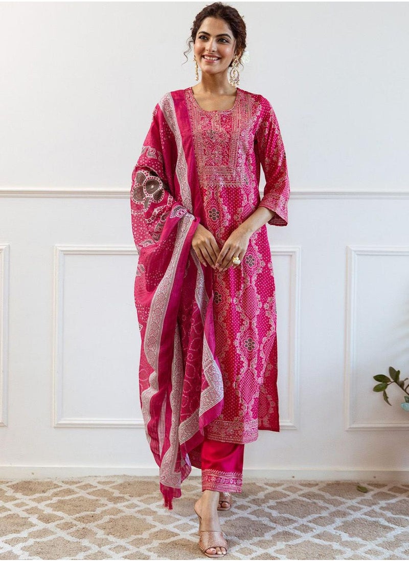 ISHIN Women's Pink Modal Muslin Printed Tunic Full Length Casual Regular Fit Kurta Set  - Image 1