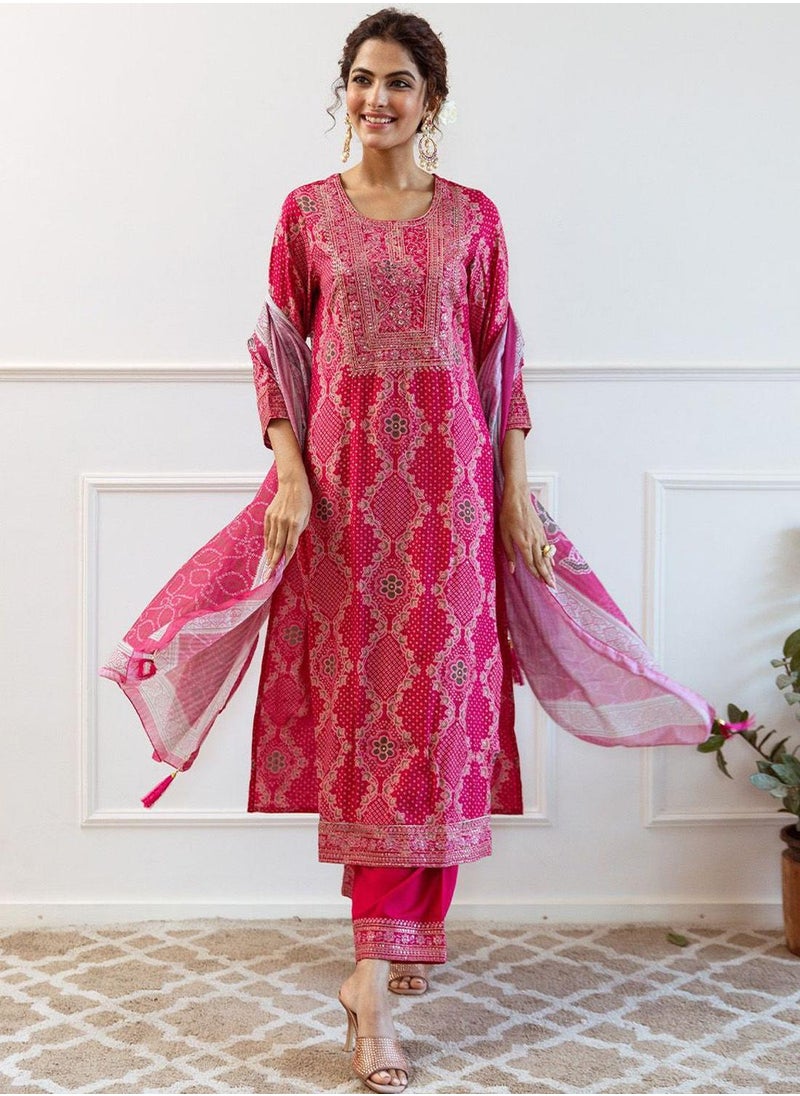 ISHIN Women's Pink Modal Muslin Printed Tunic Full Length Casual Regular Fit Kurta Set  - Image 5