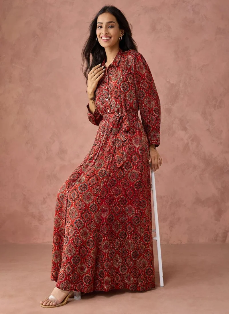 Fabindia Red Rayon Blend Ajrakh Printed Maxi
