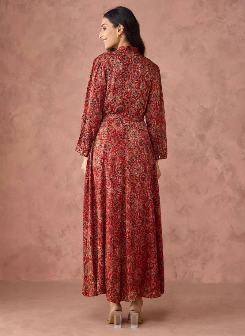 Fabindia Red Rayon Blend Ajrakh Printed Maxi