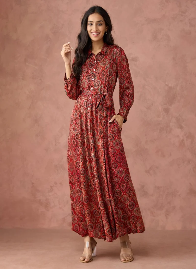 Fabindia Red Rayon Blend Ajrakh Printed Maxi