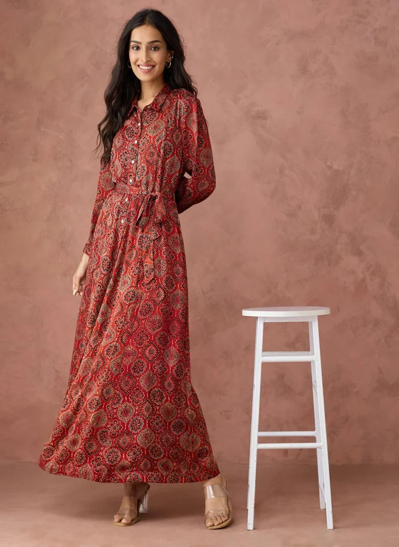 Fabindia Red Rayon Blend Ajrakh Printed Maxi