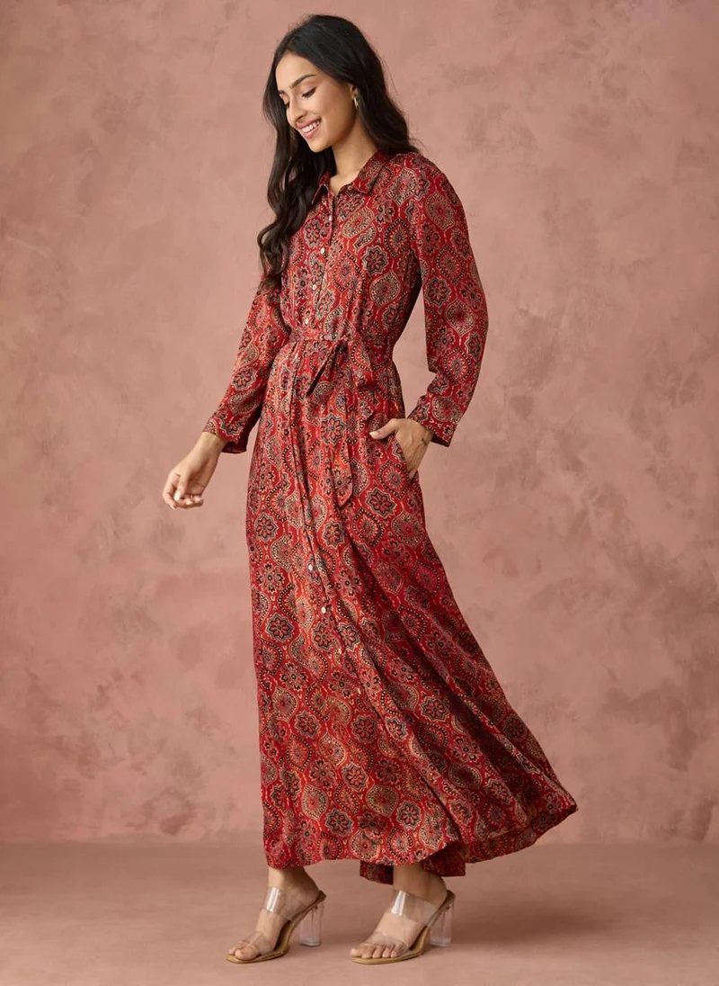 Fabindia Red Rayon Blend Ajrakh Printed Maxi