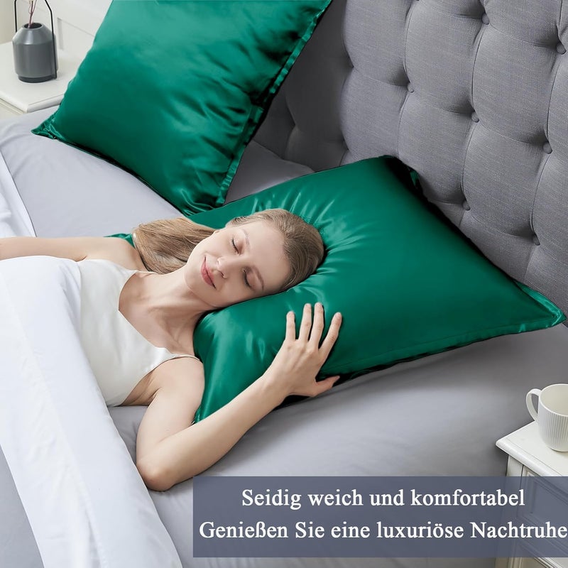 Vielit Satin Cushion Cover 80 x 80 cm, Set of 2, Soft as a Silk Pillowcase, Like Silk Pillowcase Suitable for Curly Hair, Satin Pillowcase with Zip, Cushion Covers, Dark Green Cushion Cover - Image 2