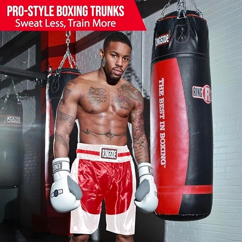 Ringside شورتات ملاكمة برو ستايل من رينغسايد، شورتات ساتان للملاكمة للرجال والنساء، مثالية للملاكمة، MMA، موياي تاي، أحمر/أبيض، صغير للشباب - Image 3