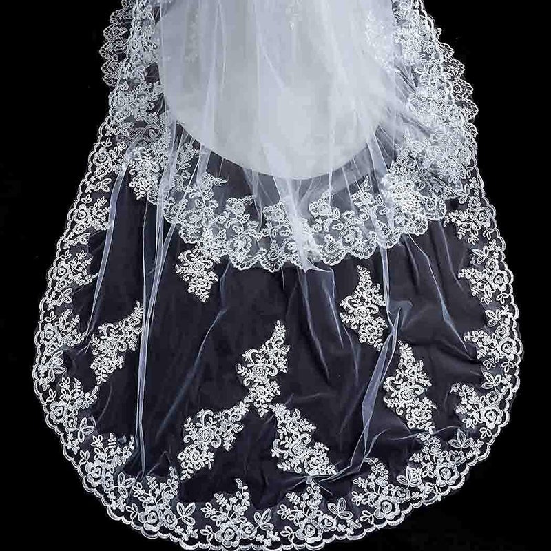 Bmirth Bridal Wedding Veil Cathedral Long Wedding Veils Lace Veils for Brides With Comb for women Floral 118" Veil Headpeice (Ivory) - Image 4
