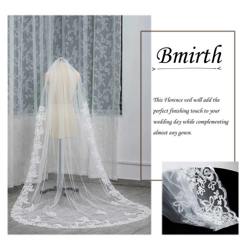 Bmirth Bridal Wedding Veil Cathedral Long Wedding Veils Lace Veils for Brides With Comb for women Floral 118" Veil Headpeice (Ivory) - Image 2