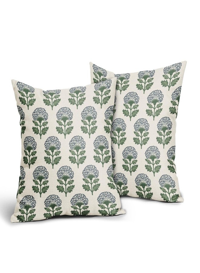 Aytipun Blue Green Floral Block Print Pillow Covers 20x20 Set of 2 Flower Pattern Cream Spring Summer Decorative Throw Pillowcases Outdoor Rustic Farmhouse Cushion Cases Decor for Home Couch Sofa Bed - Image 2