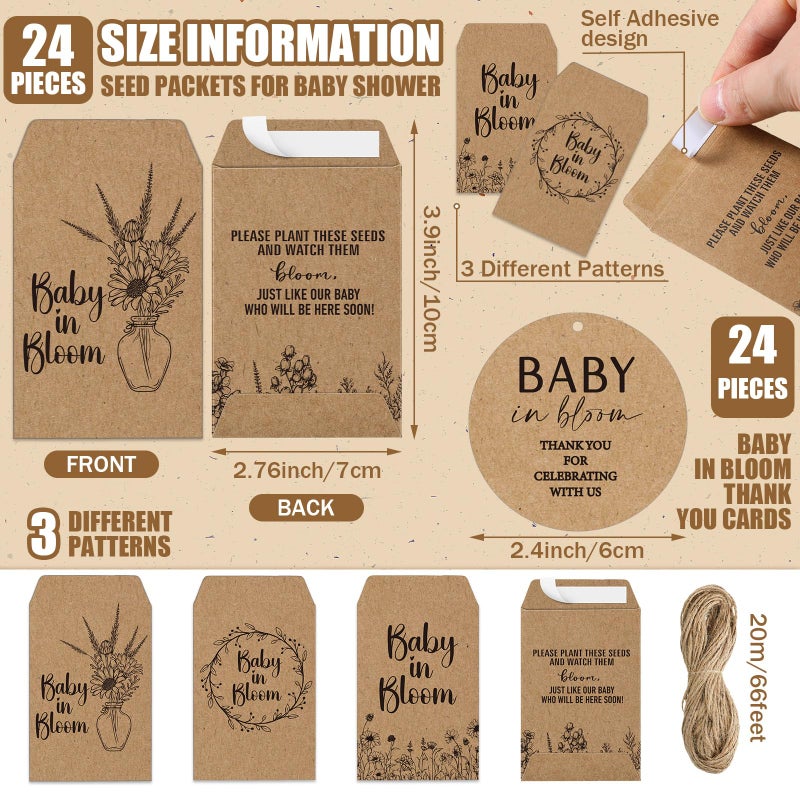 Reallnaive Baby Shower Party Favors Baby in Bloom Envelopes Seed Packets Include 24 Mini Terracotta Pots Seed Packets 24 Self Adhesive Envelopes Thank You Tags Gifts for Party(Kraft Paper) - Image 4