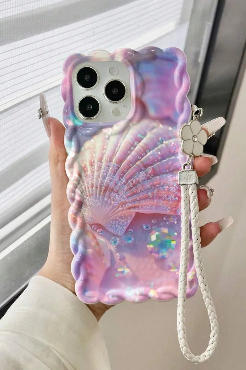 Shein Innovative Candy Colors Protective Phone Case with Sea Shell Design, Oil Painted, Glossy, Wave Edges, and Woven Strap Fits iPhone 15 Pro Max 