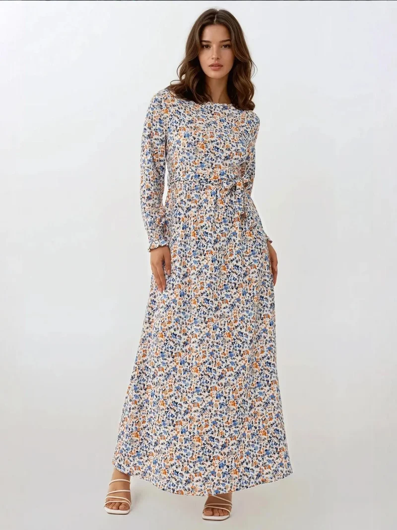 زوبعة فستان ماكسي بياقة مستديرة مزهر مع حزام