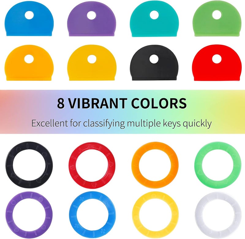 Vibit 32 Pack Key Cap Tags Set in 8 Assorted Colors Plastic Key Identifier Coding Label Covers for Standard Flat House Keys, 2 Styles - Image 2