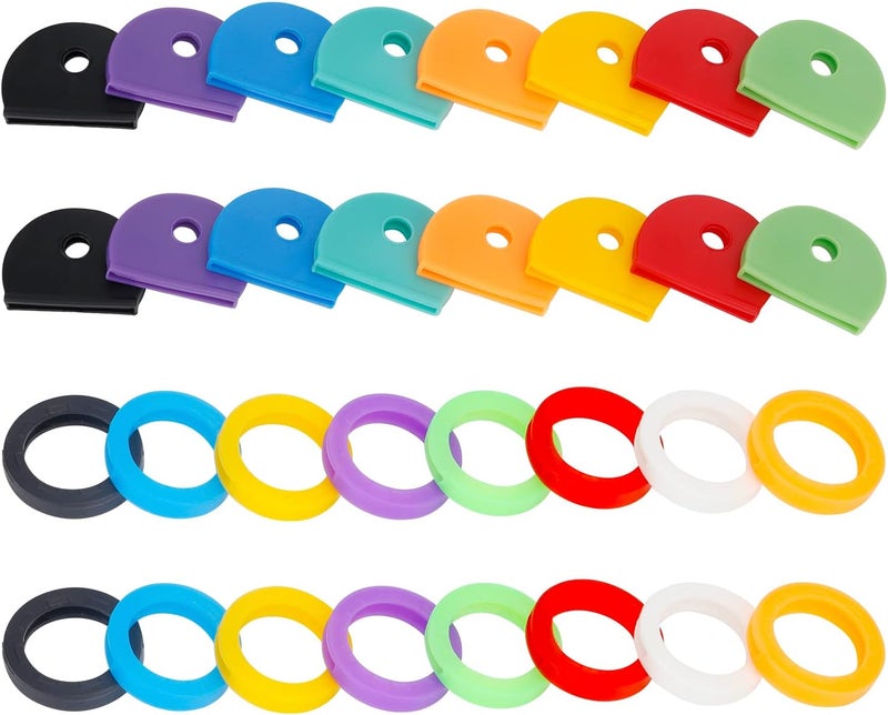 Vibit 32 Pack Key Cap Tags Set in 8 Assorted Colors Plastic Key Identifier Coding Label Covers for Standard Flat House Keys, 2 Styles - Image 1