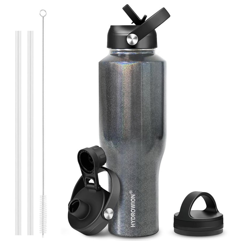 HYDROWION 40 oz Insulated Water Bottle with Straw fit in Car Cup Holder(Cold 48 hrs, Hot 24 hrs) Drinking Bottle with Straw Lid, Spout Lid and Flex Cap Leakproof Travel Thermo Mugï¼ŒLaser Grey - Image 1