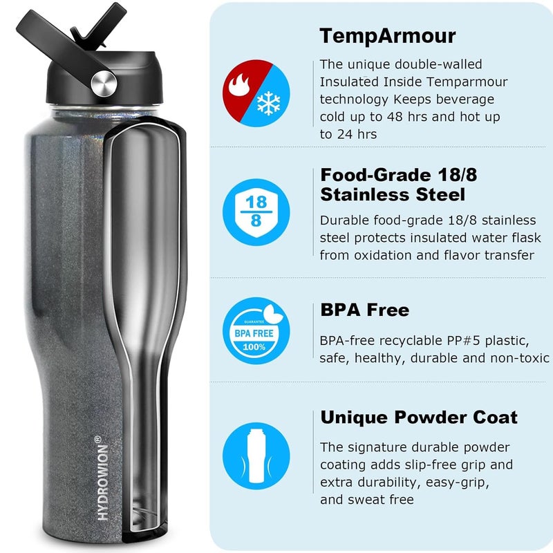 HYDROWION 40 oz Insulated Water Bottle with Straw fit in Car Cup Holder(Cold 48 hrs, Hot 24 hrs) Drinking Bottle with Straw Lid, Spout Lid and Flex Cap Leakproof Travel Thermo Mugï¼ŒLaser Grey - Image 2