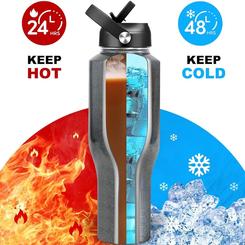 HYDROWION 40 oz Insulated Water Bottle with Straw fit in Car Cup Holder(Cold 48 hrs, Hot 24 hrs) Drinking Bottle with Straw Lid, Spout Lid and Flex Cap Leakproof Travel Thermo Mugï¼ŒLaser Grey - Image 3