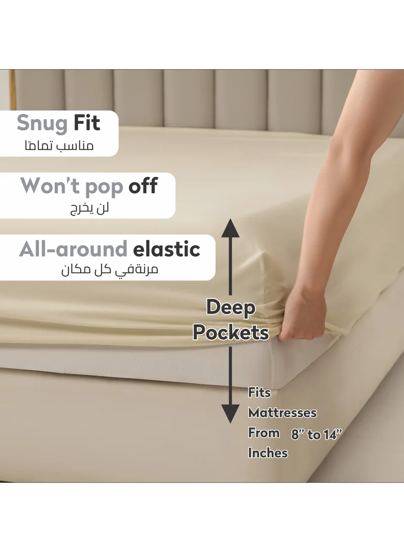Donetella Bedding Fitted Sheet 3-Pcs Super King Size Solid Bed Sheet Set Fits(200x200CM) With Pillowcases And 35 CM Extra Deep Brushed Microfiber Bed Sheet,Beige