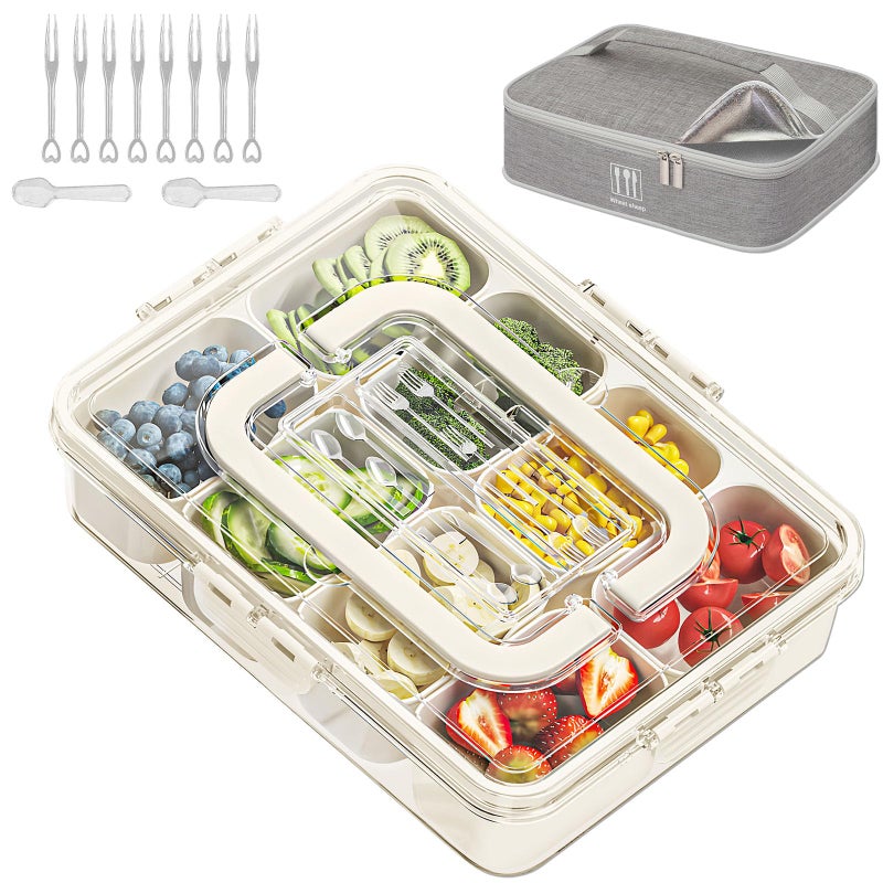 WETRBWEH Snack Box Container with Insulated Cooler Bag, Divided Serving Tray with Lid and Handle Beach Essentials, Snackle Box Veggie Tray Fruit Tray with 8 Compartments & 8 Forks & 2 Spoon - Image 1