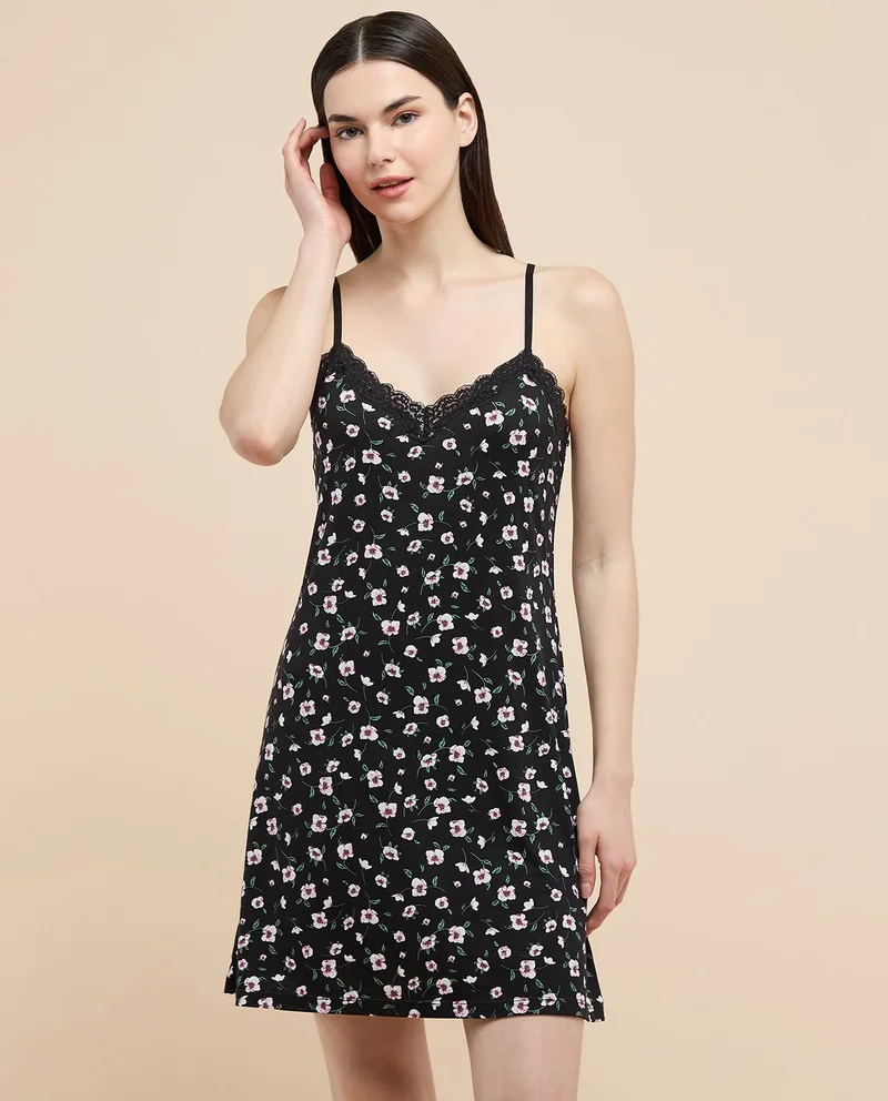 أر أند بي Printed Strappy Nightdress with V-Neck