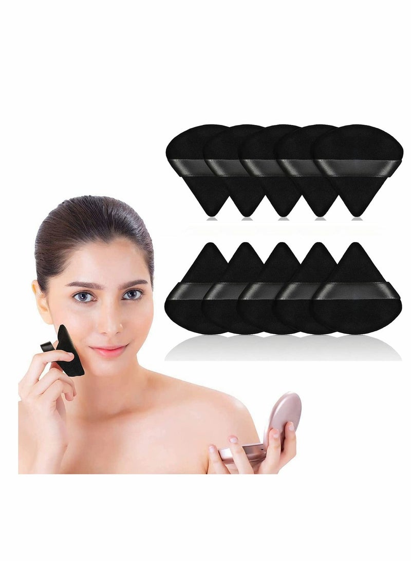 KASTWAVE Pure Powder Puff Face Triangle Soft Makeup Powder Puff for Loose Powder Mineral Powder Body Powder Makeup Tool with Strap (Black - 10 Pcs) - Image 1