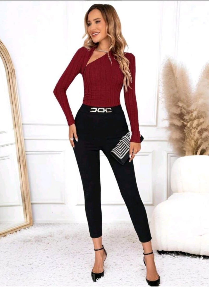 Shein - SHEIN Clasi Women's Ribbed Crew Neck Cutout Oblique Collar Waist Ruched Fitted Top, - Image 1