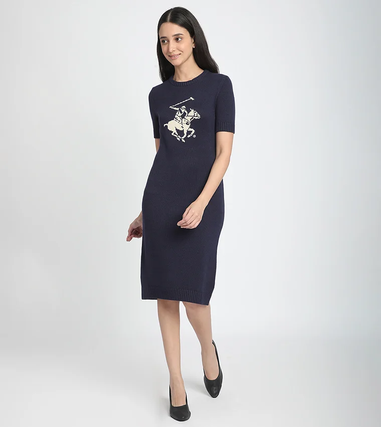 BEVERLY HILLS POLO CLUB Logo Printed Crew Neck Sweater Dress