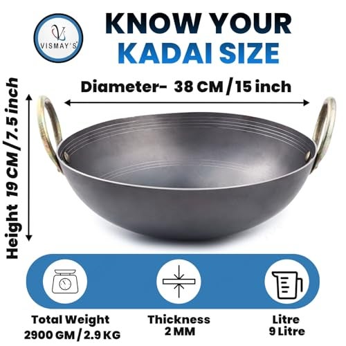 VISMAY'S 9 Litre 15 Inch Food Grade Iron Kadhai Wok Frypan Lohe ki Kadai Smooth Edges Riveted Handles Deep Frying, Roasting Metal Spoon Friendly Traditional Indian Cooking Durable Kitchen Cookware - Image 2