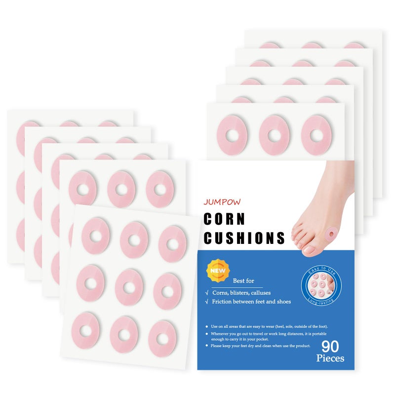 JUMPOW 90 Pcs Corn Cushions Callus Pads Corn Removers for Feet Soft Foam Callus Cushions Corn Protectors SelfStick Adhesive Cushions Relief Pain from Calluses Corns Blisters Heel Frictions