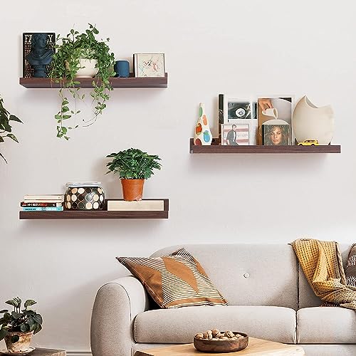 Streem Sheesham Wood Floating Shelves, Wall Shelves Set of 3, Picture Shelf Photo Ledge Shelves for Bathroom Kitchen and Bedroom,Livingroom & Office (23 inch, Walnut) - Image 2