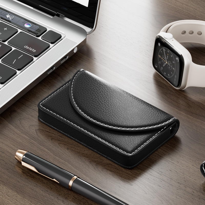MaxGear Business Card Holder, PU Leather Business Card Case Pocket Business Card Holders for Men or Women, Professional Slim Business Card Carrier Name Card Holder Wallet With Magnetic Shut, Black - Image 5