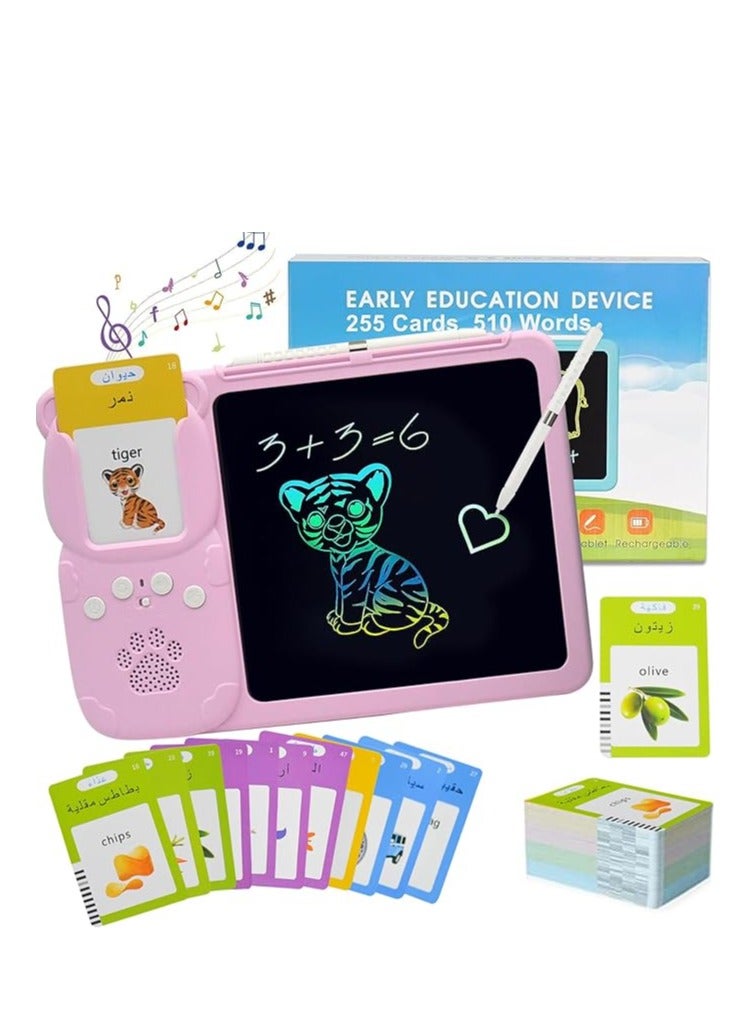 Ouyoo Talking English والبطاقات الفلاش العربية - 8 "LCD كتابة الكمبيوتر اللوحي للأطفال 3-12 ، 510 كلمات البصر ، خطاب الجيب الصغير ، وسادة رسم رسم ، ألعاب تعليمية مبكرة للبنين والبنات (العربية - الوردي) - Image 1