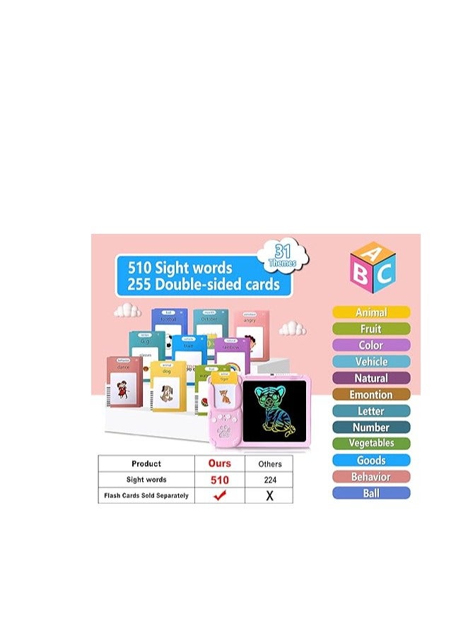 Ouyoo Talking English والبطاقات الفلاش العربية - 8 "LCD كتابة الكمبيوتر اللوحي للأطفال 3-12 ، 510 كلمات البصر ، خطاب الجيب الصغير ، وسادة رسم رسم ، ألعاب تعليمية مبكرة للبنين والبنات (العربية - الوردي) - Image 3