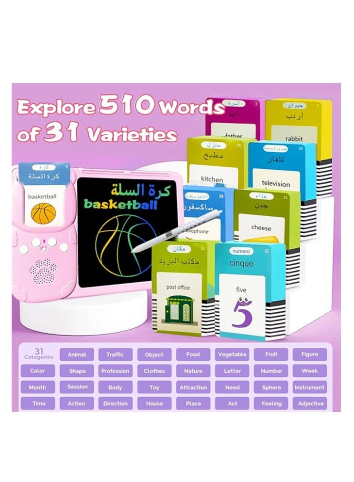 Ouyoo Talking English والبطاقات الفلاش العربية - 8 "LCD كتابة الكمبيوتر اللوحي للأطفال 3-12 ، 510 كلمات البصر ، خطاب الجيب الصغير ، وسادة رسم رسم ، ألعاب تعليمية مبكرة للبنين والبنات (العربية - الوردي) - Image 5