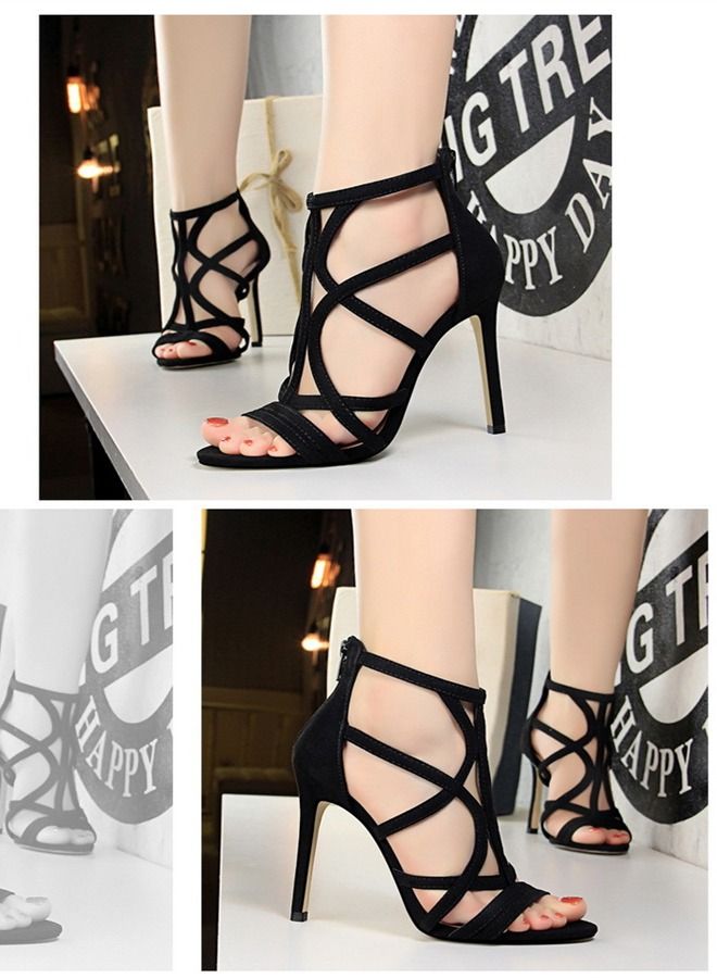 BIGTREE Suede Cut-Out High-Heeled Sandals 11CM Black - Image 2