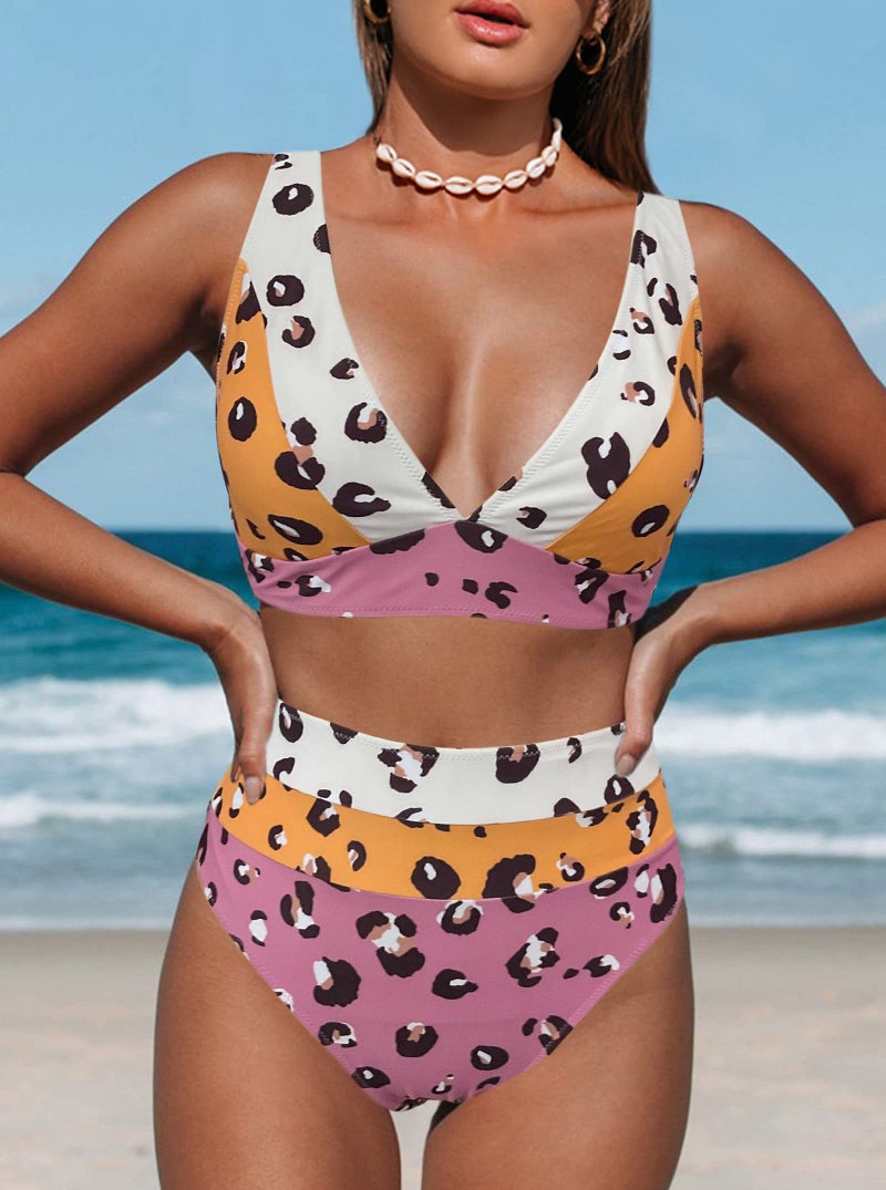 Hilinker Women's Leopard Bikini Swimsuits V Neck High Waisted 2 Piece Bathing Suits (as1, Alpha, m, Regular, Regular, Multicolor Leopard) - Image 2