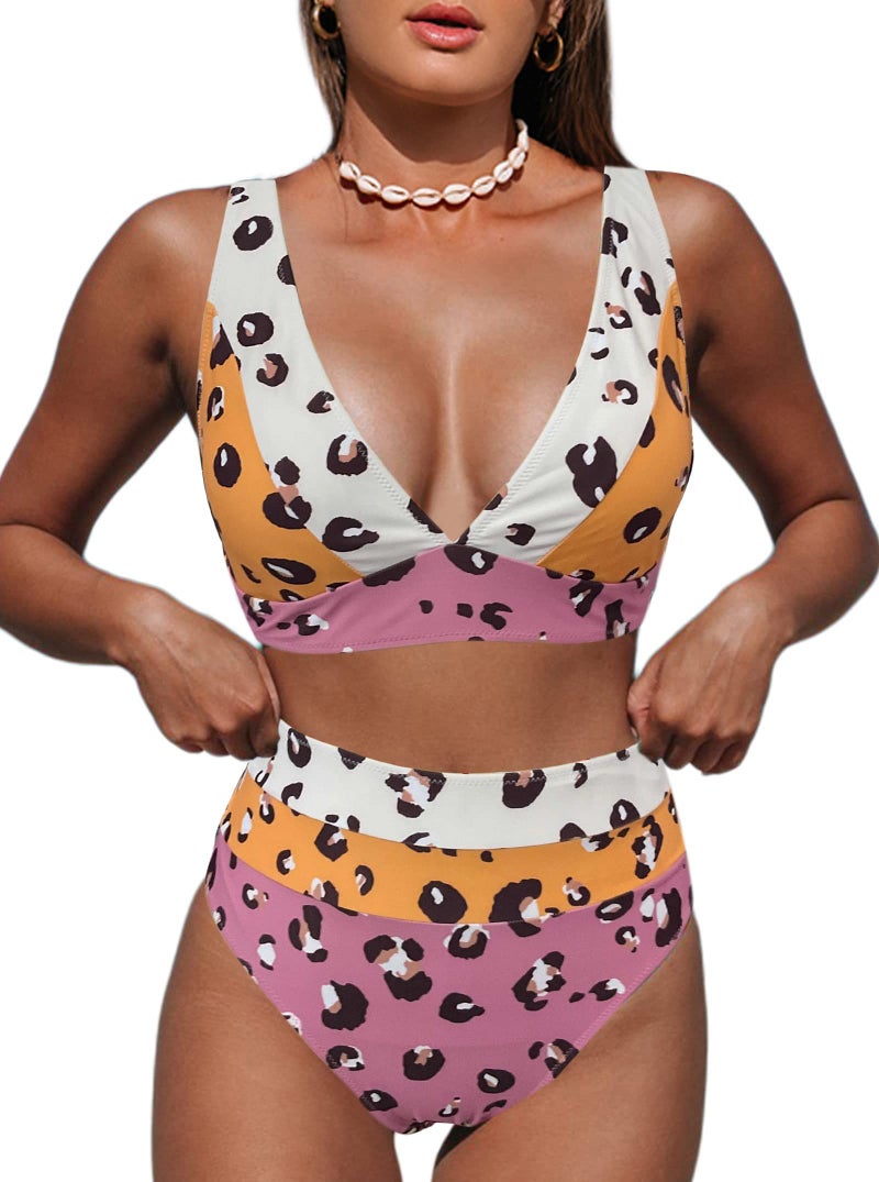 Hilinker Women's Leopard Bikini Swimsuits V Neck High Waisted 2 Piece Bathing Suits (as1, Alpha, m, Regular, Regular, Multicolor Leopard) - Image 1