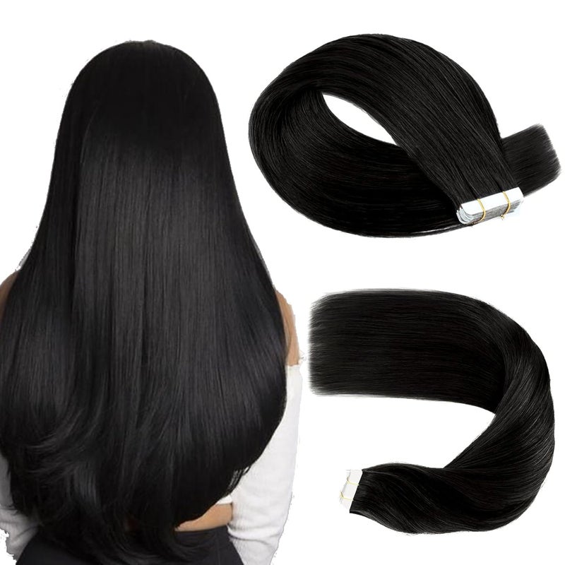 Sassina Tape in Human Hair Extensions 16 Inch Soft Skin Weft Tape in Extensions Color 1 Jet Black 50 Gram 20 Pcs Per Set
