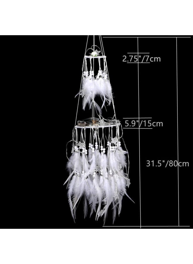 Dremisland Double Circle White Feather Dream Catcher with Mobile LED Fairy Lights Wall Hanging Ornaments Ceiling Decor for Bedroom Decor Wedding Decorations Boho Chic Party Nursery Decor - Image 4