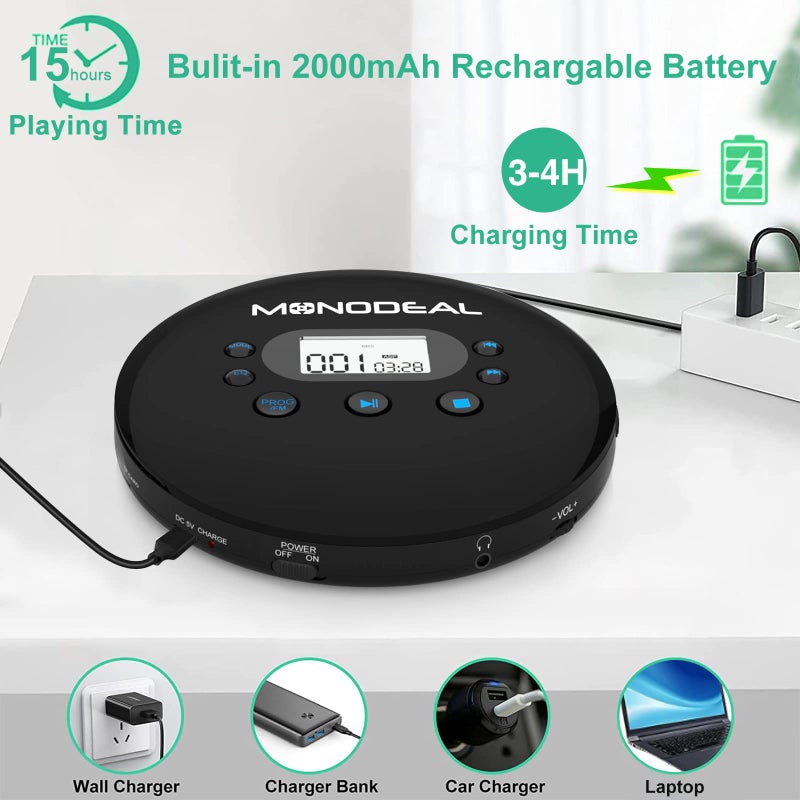 MONODEAL CD Player Portable, Portable CD Player with FM Transmitter, Rechargeable CD Player for Car for Home Travel with Anti-Skip Protection Compact CD Player with Headphones - Image 5