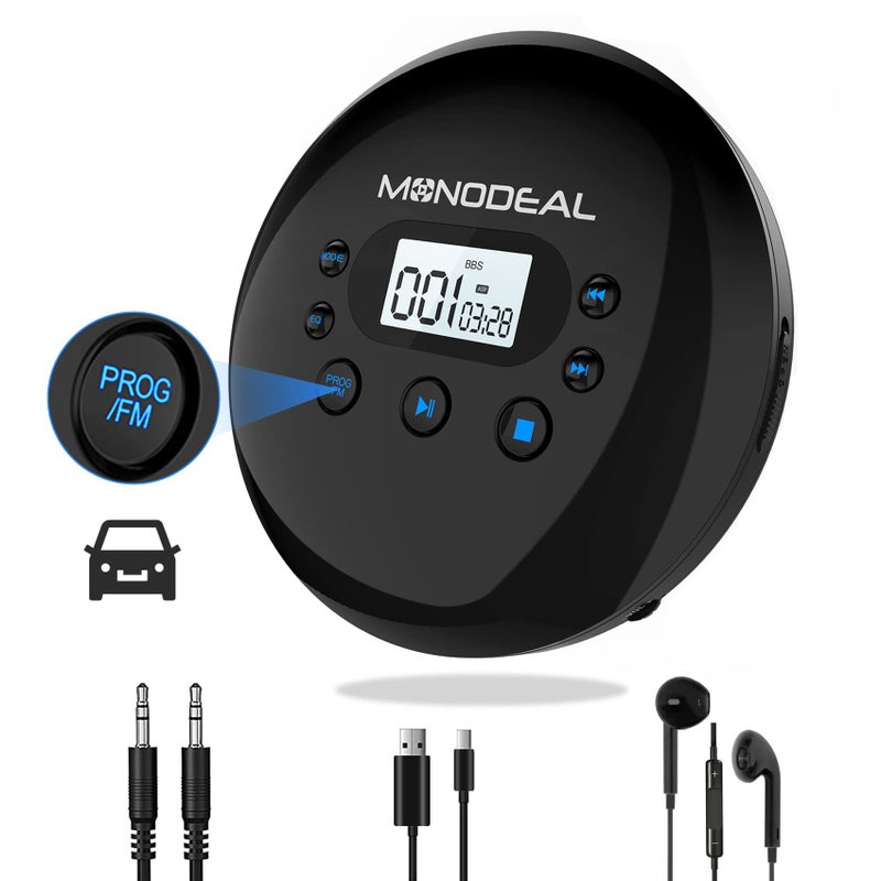 MONODEAL CD Player Portable, Portable CD Player with FM Transmitter, Rechargeable CD Player for Car for Home Travel with Anti-Skip Protection Compact CD Player with Headphones - Image 1