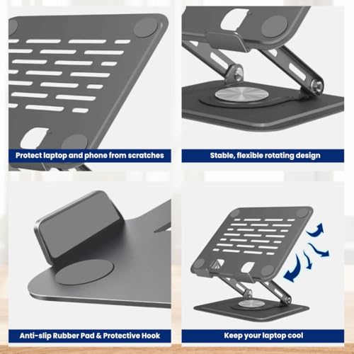 Dyazo 360° Rotating Laptop Stand | Multi Angle & Height Adjustable Tabletop Riser | Foldable Metal Holder with Anti-Slip Pads | Compatible for MacBook Air/Pro, Dell, HP, Lenovo & More (Space Grey) - Image 3