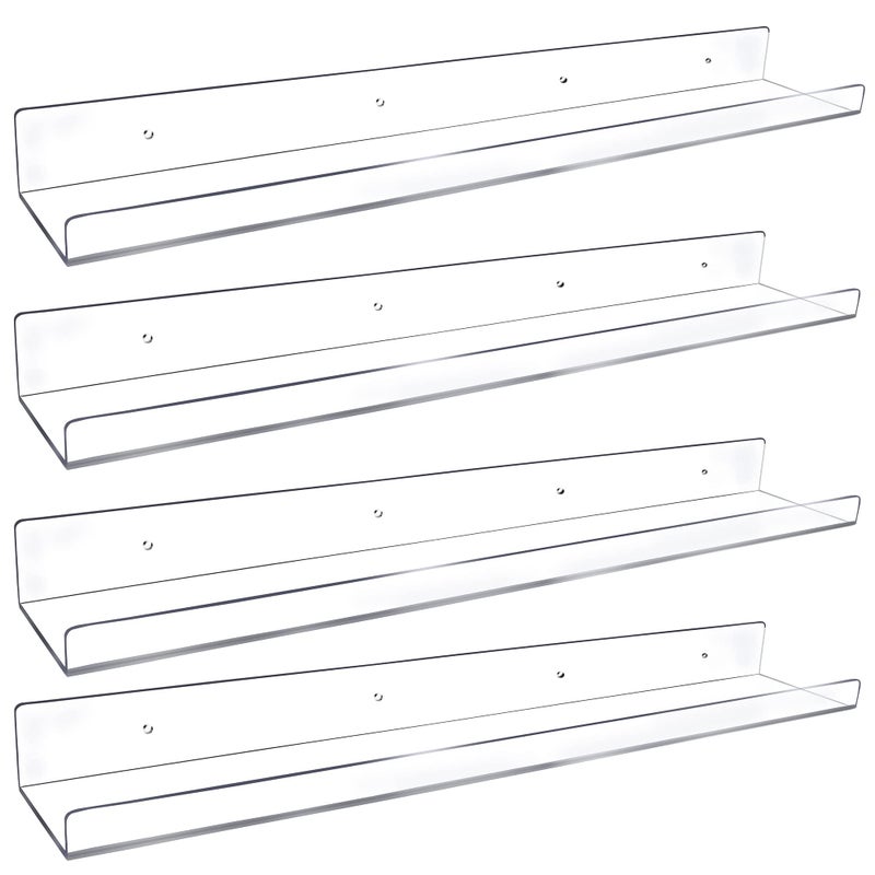 Febwind 4 Pack 24Inch Long Clear Acrylic Floating Shelves Wall Ledge Invisible Wall Mounted Floating Bookshelf U Shape Wall Shelf for Book Display Makeup Product Spice Organizer