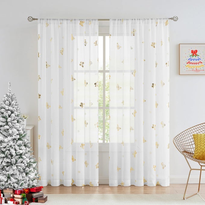 BUTTERFLY WHITE SHEER CURTAIN PANELS FOR KIDS NURSERY GIRL GOLD PRINT TODDLER LINEN TEXTURED VOILE RUSTIC ROD POCKET DRAPES 84 INCH FOR FARMHOUSE LIVING ROOM BEDROOM 2 PANELS