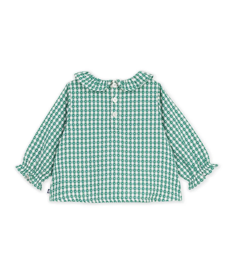 Petit Bateau Babies' Long-Sleeved Gingham Heart-Print Cotton Blouse