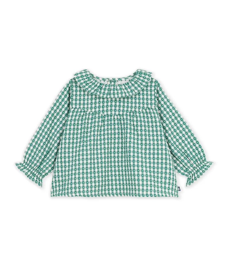 Petit Bateau Babies' Long-Sleeved Gingham Heart-Print Cotton Blouse