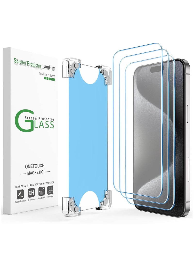 Amfilm amFilm Magnetic OneTouch 3 Pack Compatible with iPhone 15 Pro Screen Protector 6.1" Tempered Glass Accessories, Premium Easiest Installation Kit 9H HD, Case Friendly  - Image 1